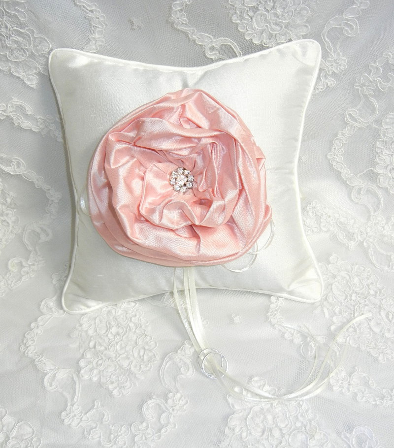 Silk ring pillow w/ large pink silk flower